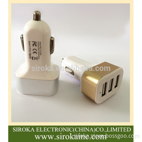Electric type universal portable triple 3 USB 12V DC car charger with customized colors for mobile phones